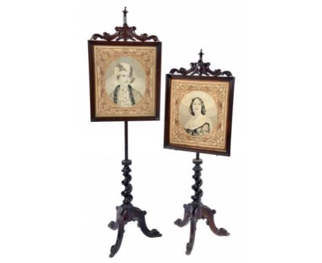 A PAIR OF VICTORIAN ROSEWOOD POLE  SCREENS, C1870  the woven banners with a portrait of a young woman or boy in a turban, pol