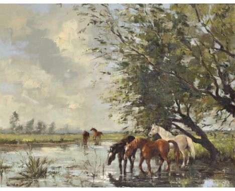 BRITISH SCHOOL, 20TH CENTURY WILD HORSES; PONIES WATERING  a pair, oil on hardboard, 39 x 49.5cm (2) ++Both in fine condition