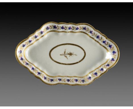 A WORCESTER SPOON TRAY, C1785  with puce, blue and gilt trailing foliate border, 16cm w ++In fine condition