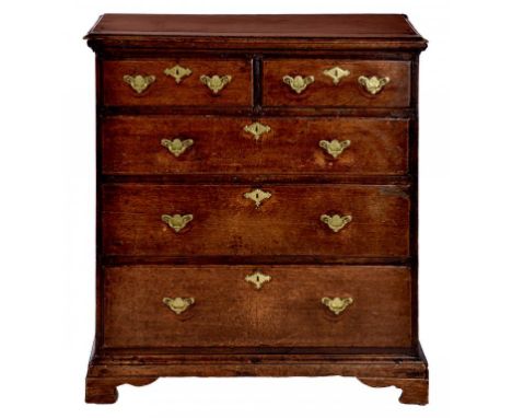 AN OAK CHEST OF DRAWERS, ELEMENTS 18TH C  92cm h; 42 x 85cm ++An old, c early 20th c reconstruction with wear to the drawer r