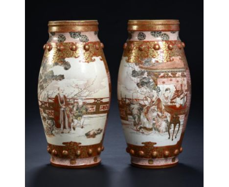 A PAIR OF JAPANESE KUTANI DRUM SHAPED VASES, EARLY 20TH C decorated with a panel of figures, birds to the reverse, 38cm h, re