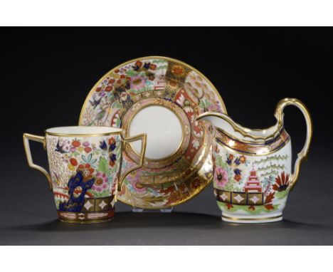 A FLIGHT & BARR JAPAN PATTERN      OVAL CREAM JUG AND CHOCOLATE CUP AND STAND, C1800-04 jug 12cm h, incised B or Bx ++Both in