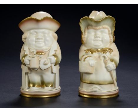 A PAIR OF ROYAL WORCESTER  TOBY JUGS AND COVERS, 1930  15cm h, printed marks ++Professional restoration to female jug.  Male 