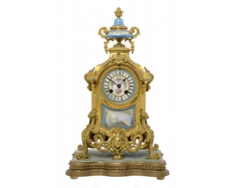 A FRENCH ORMOLU MANTLE CLOCK INSET WITH SEVRES STYLE PORCELAIN PLAQUES, C1870  the dial indistinctly signed, the movement wit
