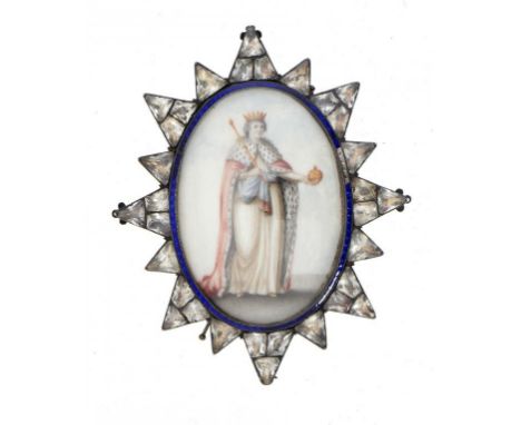 AN ENGLISH PASTE,  SILVER AND BLUE ENAMEL JEWEL, C1800 centred by a full length miniature of a king, 108mm h ++Blue enamel ch