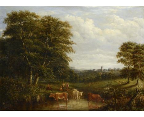 ENGLISH SCHOOL, 19TH CENTURY WOODED LANDSCAPE WITH CATTLE WATERING oil on canvas, 64 x 87cm ++Approx 2 inch square patch on r