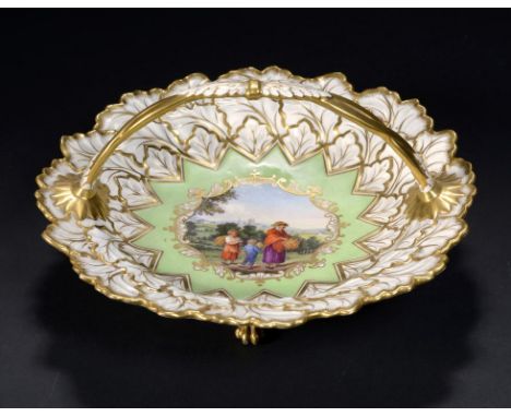 A FLIGHT, BARR & BARR CARD BASKET, C1825-30 painted with a gleaner and two children, the River Severn and Worcester in the di