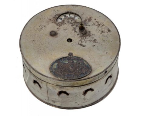 A GOSSAGE'S PATENT SHEFFIELD PLATE  CLOCKWORK ALARM, C1`825  the clockwork mechanism to the underside of the lid with enamel 