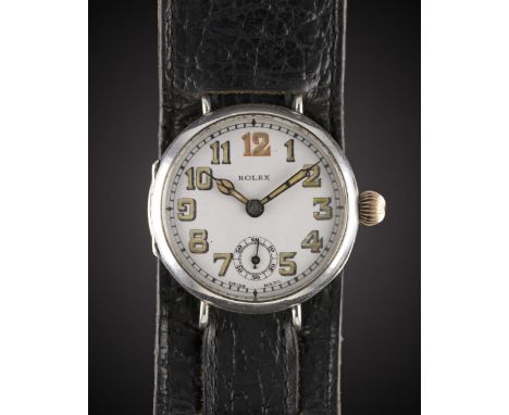 A GENTLEMAN'S SOLID SILVER ROLEX OFFICERS WRIST WATCHCIRCA 1918, WITH ENAMEL DIAL & CATHEDRAL HANDSMovement: 15J, manual wind