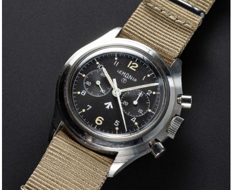 A RARE GENTLEMAN'S STAINLESS STEEL BRITISH MILITARY ROYAL NAVY LEMANIA "DOUBLE BUTTON" CHRONOGRAPH WRIST WATCH DATED 1976, RE