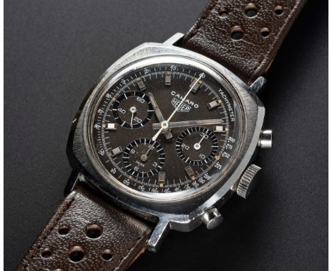 A RARE GENTLEMAN'S STAINLESS STEEL HEUER CAMARO CHRONOGRAPH WRIST WATCH CIRCA 1970, REF. 7220T WITH BROWN "CHOCOLATE" TACHYME