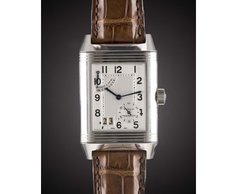A GENTLEMAN'S STAINLESS STEEL JAEGER LECOULTRE REVERSO GRANDE DATE POWER RESERVE WRIST WATCHCIRCA 2010, REF. 240.8.15 WITH OR