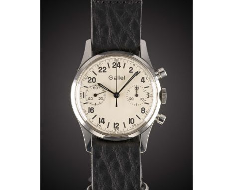 A GENTLEMAN'S STAINLESS STEEL GALLET 24 HOUR CHRONOGRAPH WRIST WATCH CIRCA 1960sMovement: 17J, manual wind, Valjoux base cal.