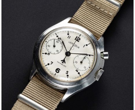 A RARE GENTLEMAN'S STAINLESS STEEL BRITISH MILITARY ROYAL NAVY NUCLEAR SUBMARINE LEMANIA SINGLE BUTTON CHRONOGRAPH WRIST WATC