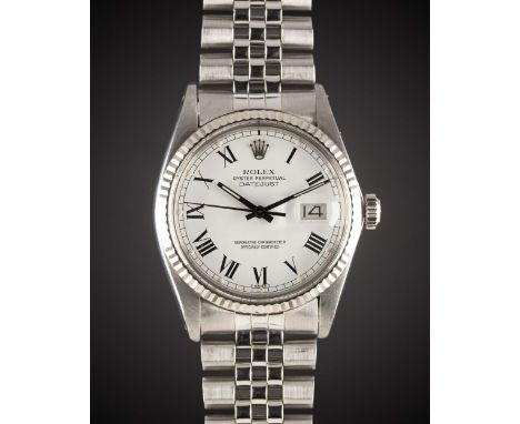 A GENTLEMAN'S STEEL & WHITE GOLD ROLEX OYSTER PERPETUAL DATEJUST BRACELET WATCHCIRCA 1984, REF. 16014 WITH WHITE "BUCKLEY" DI