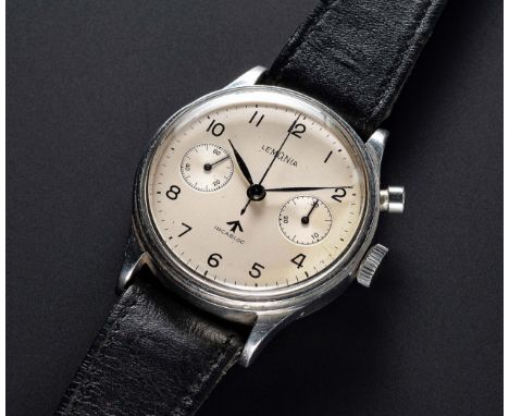 A VERY RARE GENTLEMAN'S STAINLESS STEEL BRITISH MILITARY ROYAL NAVY NUCLEAR SUBMARINE LEMANIA SINGLE BUTTON CHRONOGRAPH WRIST