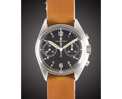 A GENTLEMAN'S STAINLESS STEEL BRITISH MILITARY ROYAL NAVY HAMILTON PILOTS CHRONOGRAPH WRIST WATCH DATED 1972, PART OF THE "FA