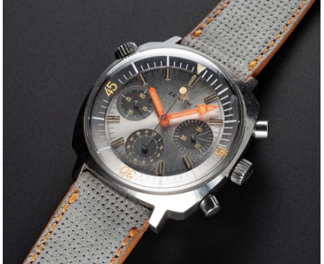 A RARE GENTLEMAN'S STAINLESS STEEL ZENITH SUPER SUB SEA DIVERS CHRONOGRAPH WRIST WATCH CIRCA 1968, REF. A3736 GREY DIAL WITH 