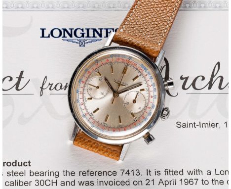 A VERY RARE GENTLEMAN'S STAINLESS STEEL LONGINES "WATERPROOF" FLYBACK CHRONOGRAPH WRIST WATCHDATED 1967, REF. 7413 2 ORIGINAL