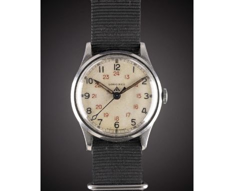 A RARE GENTLEMAN'S STAINLESS STEEL BRITISH MILITARY LONGINES "C.O.S.D." WRIST WATCHCIRCA 1944, WITH 24 HOUR DIALMovement: 16J