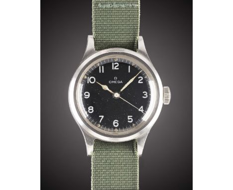 A GENTLEMAN'S STAINLESS STEEL BRITISH MILITARY OMEGA RAF PILOTS WRIST WATCH DATED 1956, WITH BLACK DIALMovement: 16J, manual 