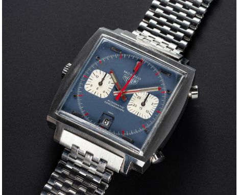 A RARE GENTLEMAN'S STAINLESS STEEL HEUER MONACO "STEVE MCQUEEN" AUTOMATIC CHRONOGRAPH BRACELET WATCHCIRCA 1970, REF. 1133 WIT