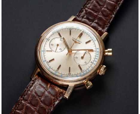 A RARE GENTLEMAN'S 18K ROSE GOLD LONGINES "WATERPROOF" FLYBACK CHRONOGRAPH WRIST WATCHCIRCA 1962, REF. 7415 1 WITH PULSATIONS