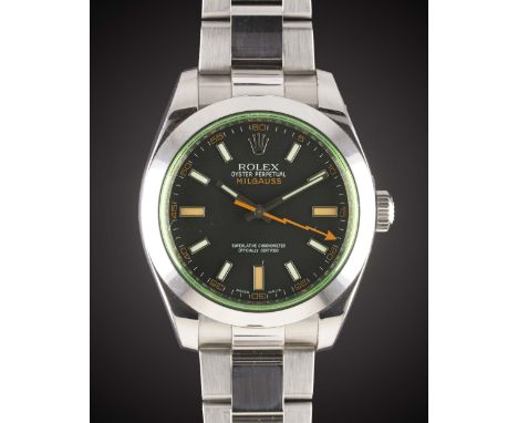 A GENTLEMAN'S STAINLESS STEEL ROLEX OYSTER PERPETUAL "GREEN GLASS" MILGAUSS BRACELET WATCHDATED 2010, REF. 116400GV WITH ORIG