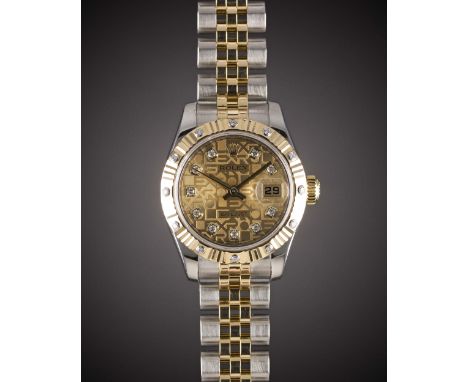 A LADIES STEEL, GOLD & DIAMOND ROLEX OYSTER PERPETUAL DATEJUST BRACELET WATCHDATED 2009, REF. 179313 WITH ORIGINAL DIAMOND SE