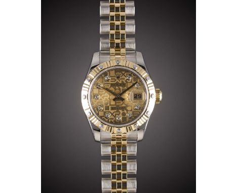 A LADIES STEEL, GOLD & DIAMOND ROLEX OYSTER PERPETUAL DATEJUST BRACELET WATCHDATED 2009, REF. 179313 WITH ORIGINAL DIAMOND SE