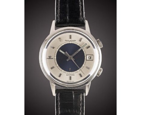 A GENTLEMAN'S STAINLESS STEEL JAEGER LECOULTRE MEMOVOX SPEED BEAT AUTOMATIC ALARM WRIST WATCHCIRCA 1972, REF. E875 WITH BLUE 