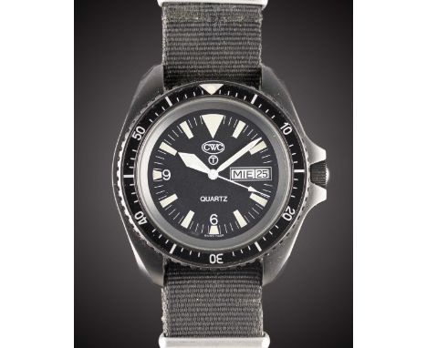 A GENTLEMAN'S PVD COATED BRITISH MILITARY ROYAL NAVY SBS CWC WRIST WATCH DATED 2001Movement: Quartz.Case: Diameter approx. 42