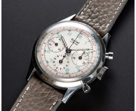 A RARE GENTLEMAN'S LARGE SIZE STAINLESS STEEL GALLET BY RACINE MULTICHRON 12 "WATERPROOF" CHRONOGRAPH WRIST WATCH CIRCA 1960s
