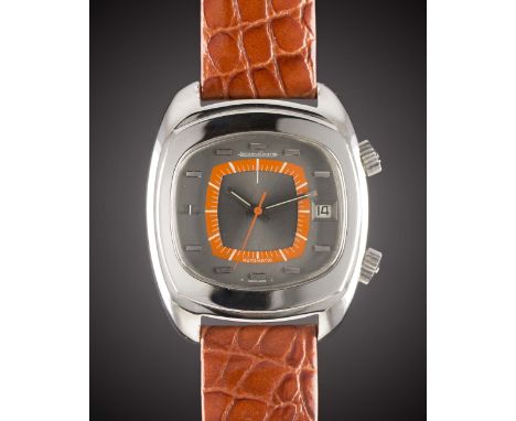 A GENTLEMAN'S STAINLESS STEEL JAEGER LECOULTRE MEMOVOX AUTOMATIC ALARM WRIST WATCHCIRCA 1970s, REF. E871 WITH GREY & ORANGE D