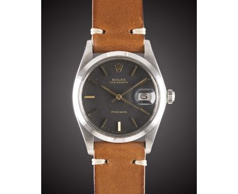 A GENTLEMAN'S STAINLESS STEEL ROLEX OYSTERDATE PRECISION WRIST WATCHCIRCA 1975, REF. 6694 WITH MATT BLACK DIALMovement: 17J, 