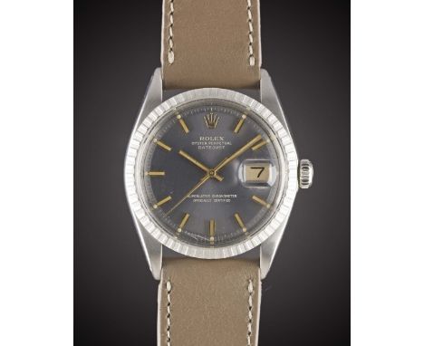 A GENTLEMAN'S STAINLESS STEEL ROLEX OYSTER PERPETUAL DATEJUST "WIDE BOY" WRIST WATCHCIRCA 1974, REF. 1603 WITH GREY SIGMA DIA