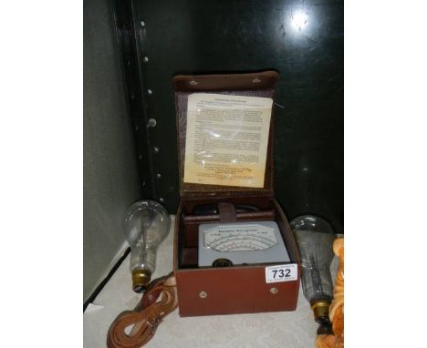 A Protimeter Surveyor's tool and two vintage light bulbs.