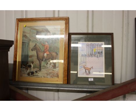 A maple framed coloured print depicting a figure on horseback; together with a pencil signed limited edition print 