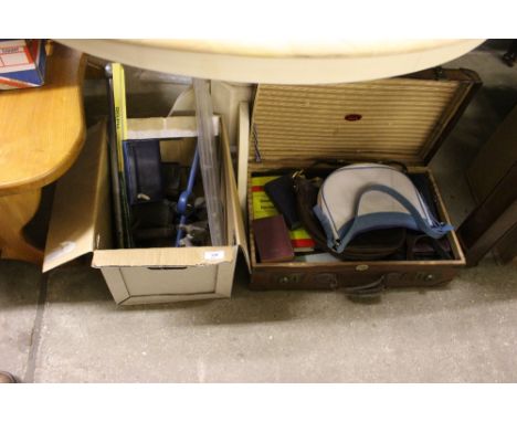 A box of various tools and a suitcase of ladies bags, books etc. 