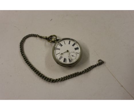 A plated open faced pocket watch with chain 