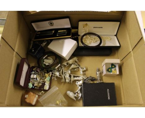 A box of silver plated ornaments, silver plated jewellery, a jade style bangle etc. 