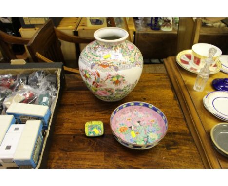 A Chinese baluster vase; together with a Chinese bowl Af; and a small enamel dish 