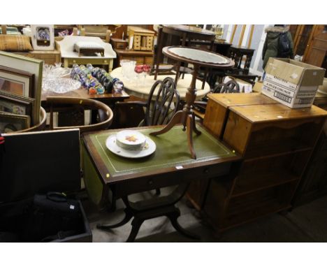 A reproduction mahogany drop leaf sofa table; and similar wine table 