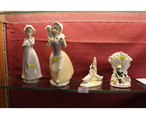 Two Nao figurines; together with a Nao group of geese; and a Victorian ornament in the form of a hunter and his dog 