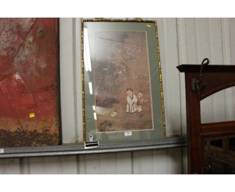 A gilt framed Chinese print depicting children playing with a cat 