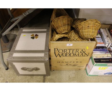 A wooden crate of small baskets; together with a small trunk 