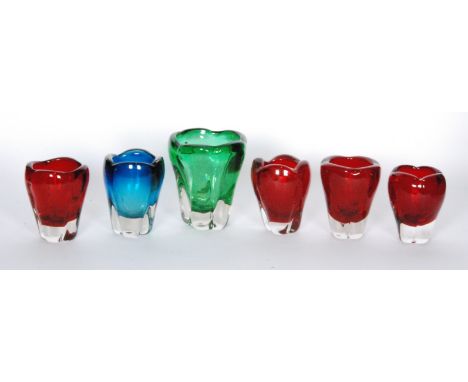 Six Whitefriars cased vessel vases designed by Geoffrey Baxter and William Wilson circa 1944 - 1957 comprising five smaller 9
