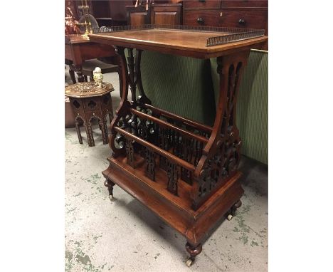 Mahogany Wot-Not/trolley on ceramic castors with galleried top and drawer in racked base.