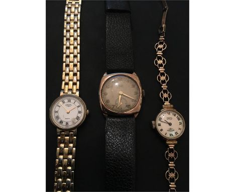 A 9ct gold case watch, rotary gold plate Ladies watch/9ct gold strap and a rotary G?P Ladies watch