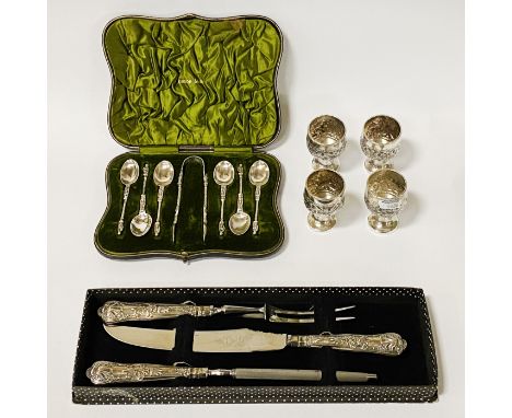 4 H/M SILVER EGG CUPS, H/M SILVER SPOONS, SUGAR TONGS SET IN CASE &amp; SILVER HANDLED BBQ SET